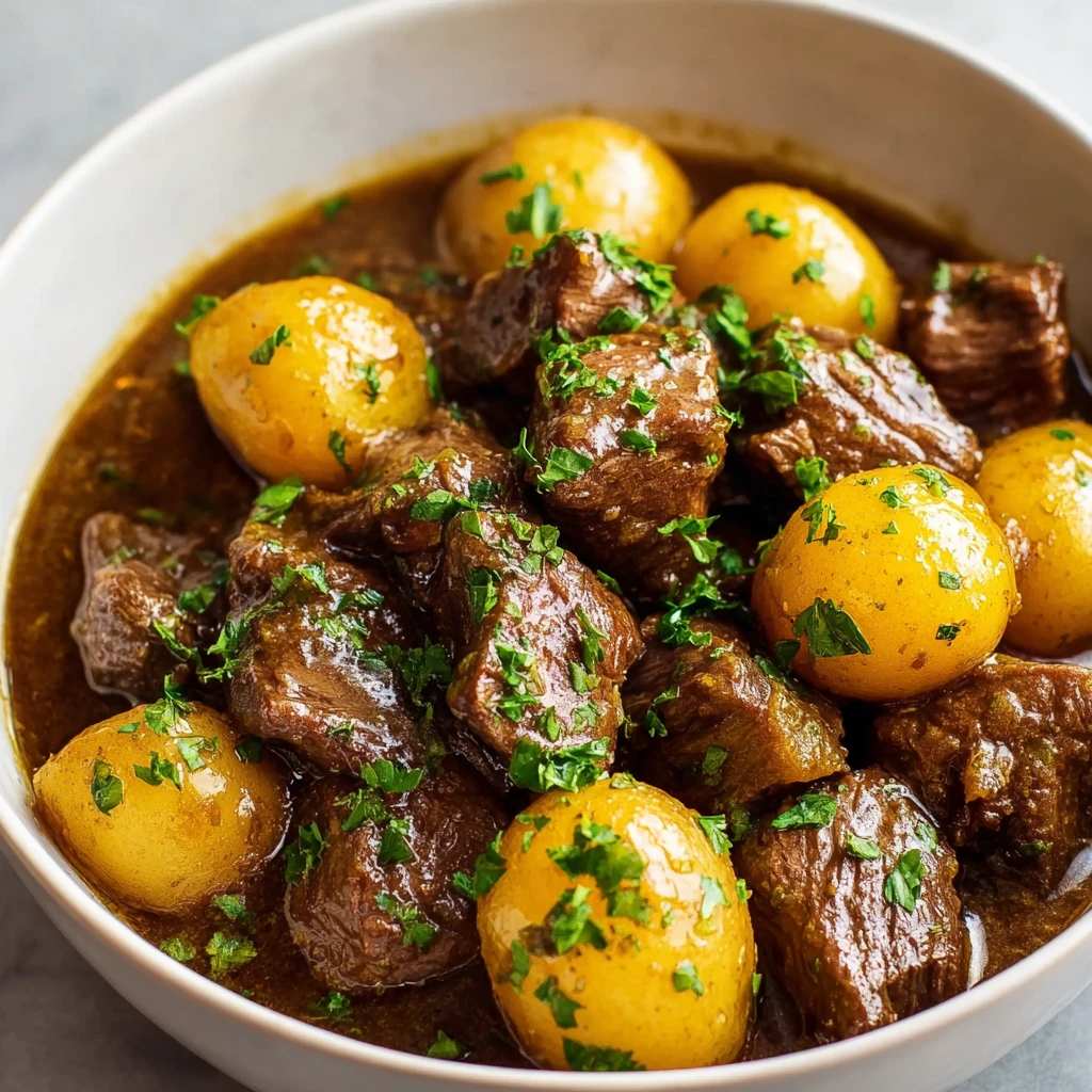4-Ingredient Slow Cooker Beef Tips and Potatoes