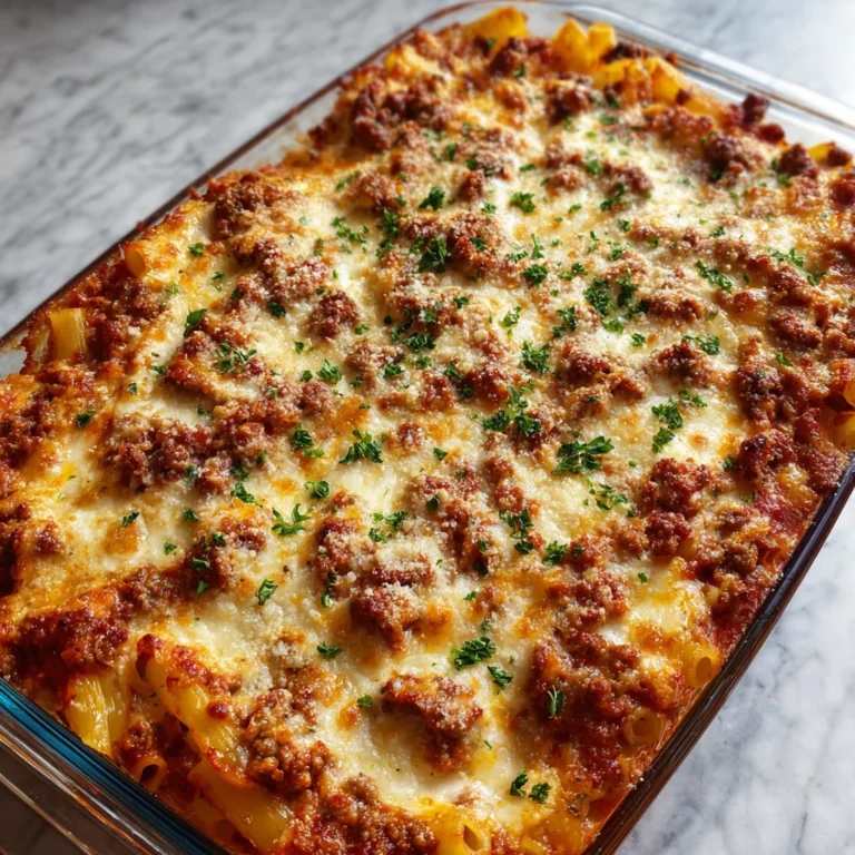 cheesy baked ziti with ground beef and ricotta in a white baking dish with bubbling golden mozzarella topping