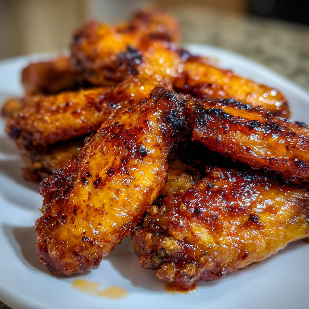super crispy air fryer chicken wings on a white plate with buffalo sauce and ranch dipping sauce ready in 30 minutes