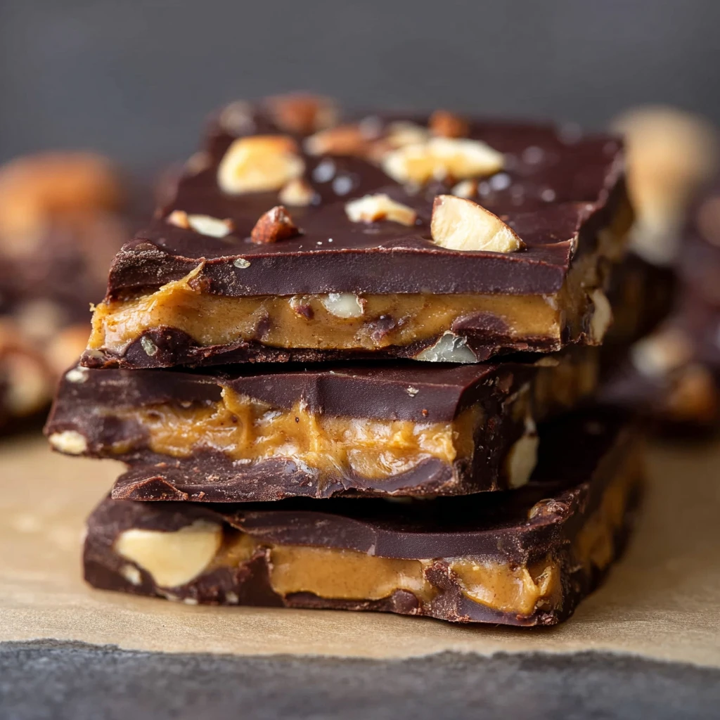 viral chocolate peanut butter date bark pieces showing layers of dates peanut butter and dark chocolate on parchment paper