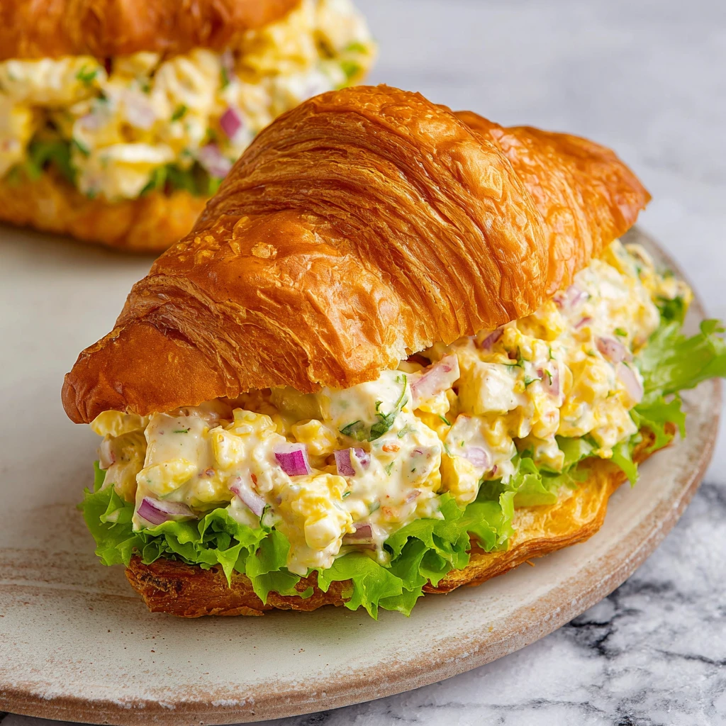 creamy classic egg salad on a croissant with fresh dill and cracked pepper for Easter lunch