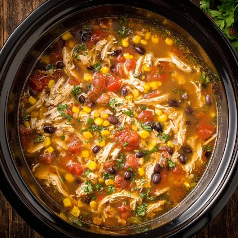 creamy crock pot chicken fajita soup with shredded chicken and colorful bell peppers in a white bowl with sour cream