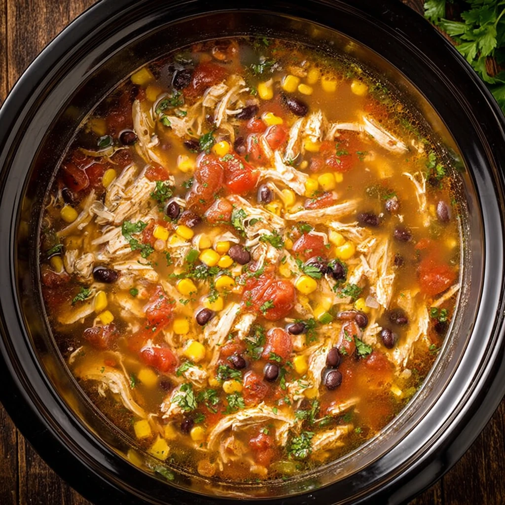 creamy crock pot chicken fajita soup with shredded chicken and colorful bell peppers in a white bowl with sour cream