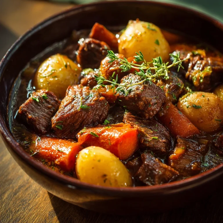 hearty slow cooker beef stew with tender beef chunks potatoes and carrots in rich brown broth in a white ceramic bowl