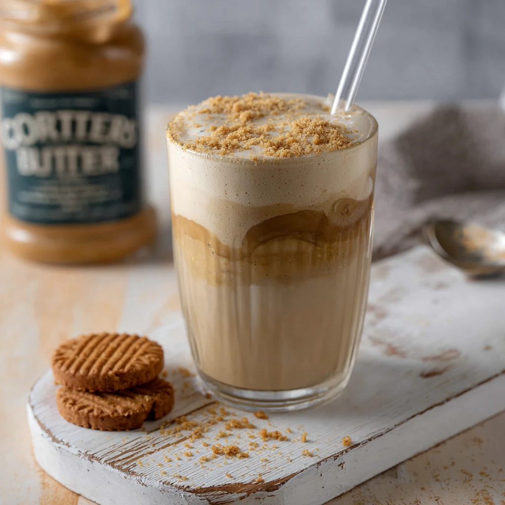 homemade cookie butter latte in a glass mug with cookie butter cold foam and crushed Biscoff cookies