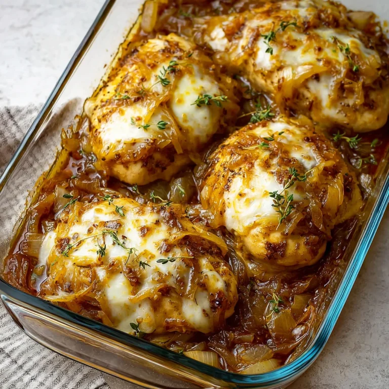cheesy French onion chicken bake with caramelized onions and melted gruyere cheese in a white baking dish