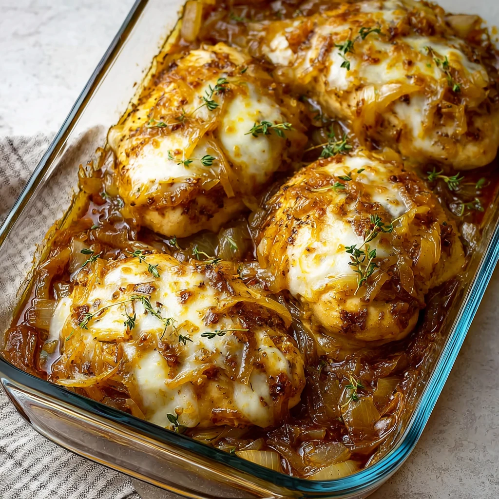 cheesy French onion chicken bake with caramelized onions and melted gruyere cheese in a white baking dish