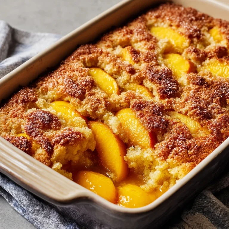 easy golden peach dump cake with canned peaches and buttery crumble topping in a glass baking dish