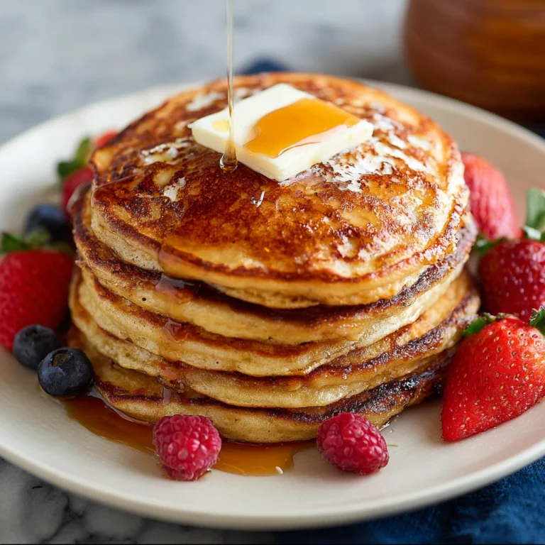 stack of fluffy protein pancakes with butter maple syrup strawberries and blueberries on a white plate