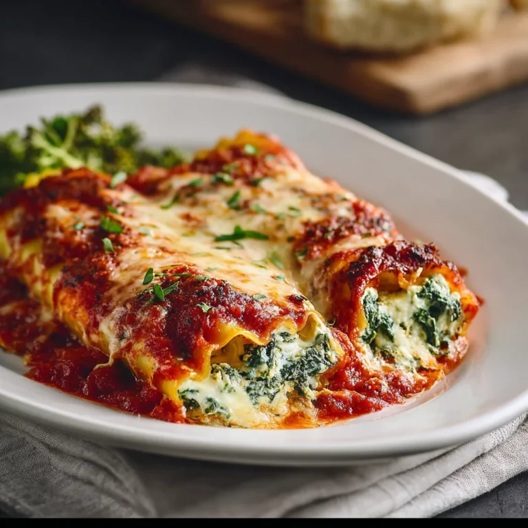 spinach ricotta cannelloni baked in creamy bechamel sauce with golden cheese topping in a white ceramic baking dish