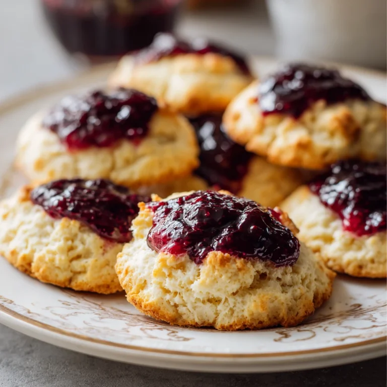 jam drop cookies with raspberry jam centers on a white plate dusted with powdered sugar
