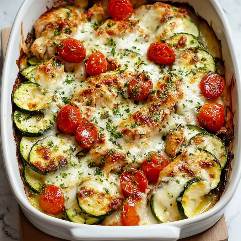 Mediterranean chicken zucchini bake with cherry tomatoes kalamata olives feta cheese and fresh herbs in a white baking dish