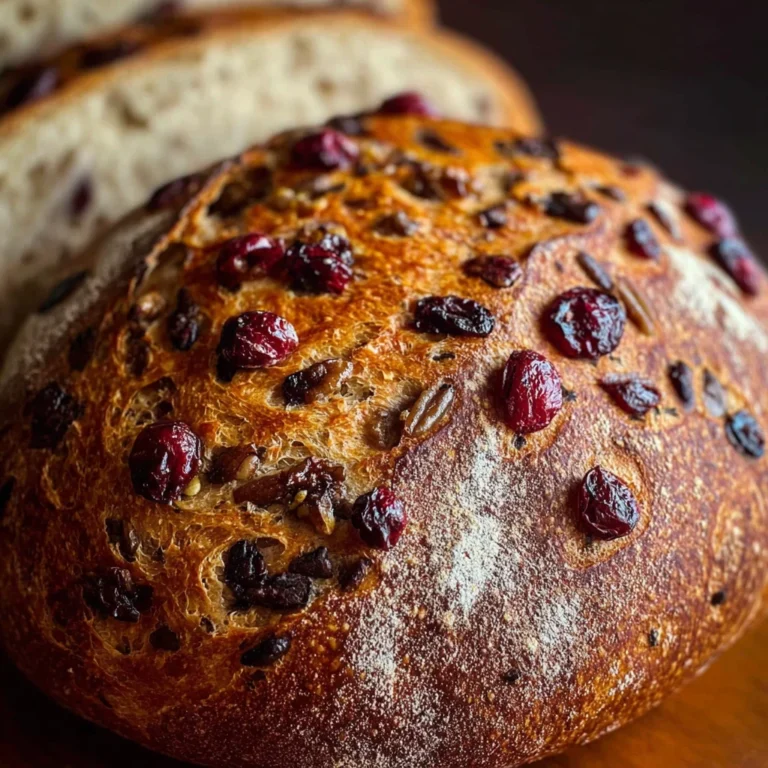sliced cranberry walnut cinnamon artisan bread with golden crust on a wooden board