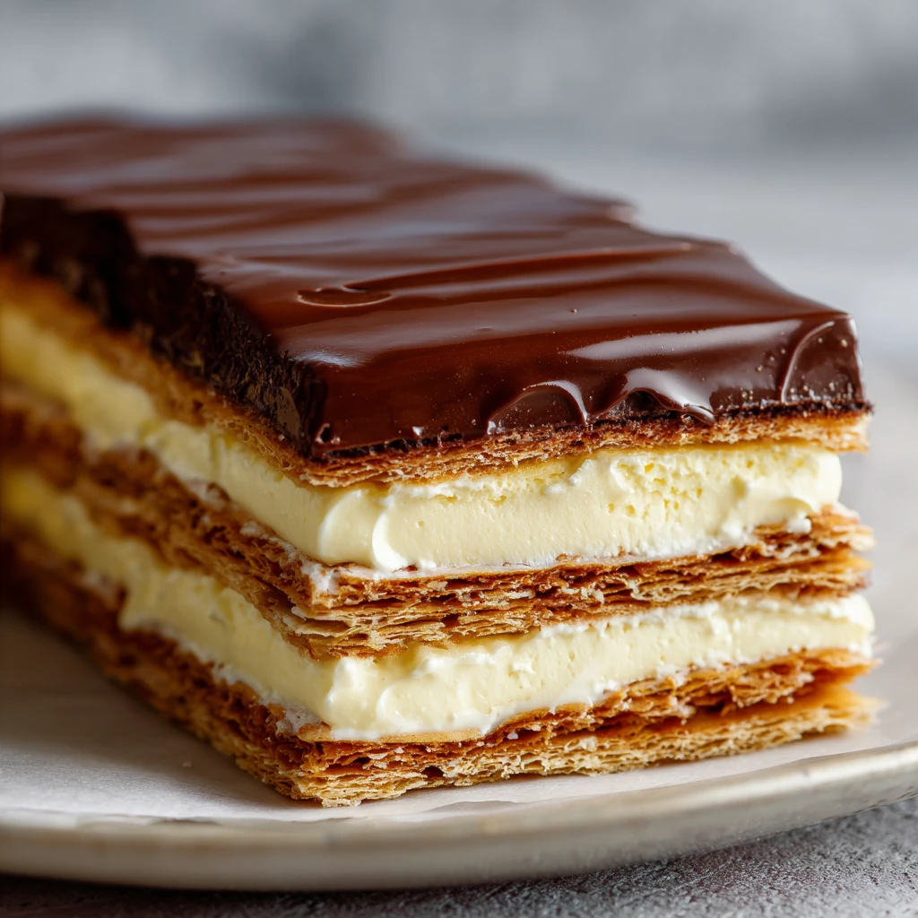 chocolate eclair cake with layers of flaky pastry cream filling and chocolate ganache on a white plate