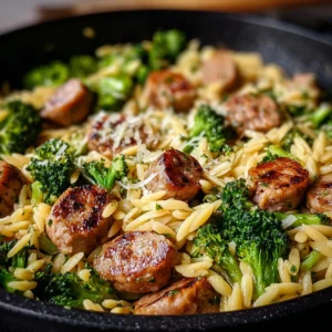 One Pan Chicken Sausage Broccoli and Orzo Skillet