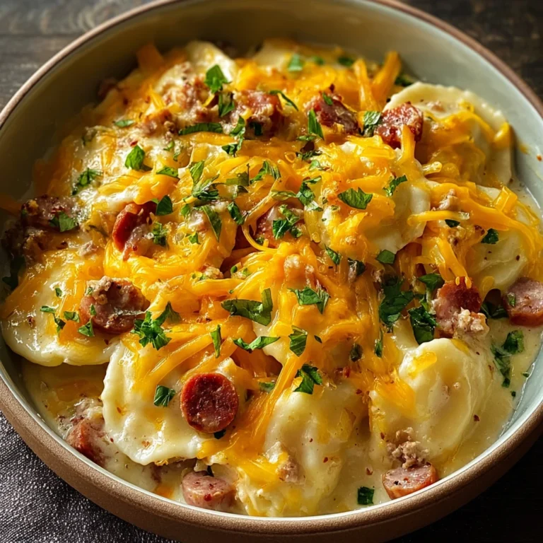 crockpot pierogi casserole with kielbasa and melted cheddar cheese in a slow cooker