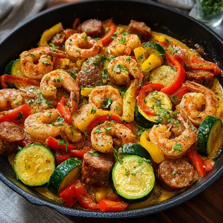 creamy keto shrimp and sausage skillet with Cajun cream sauce in a cast iron pan