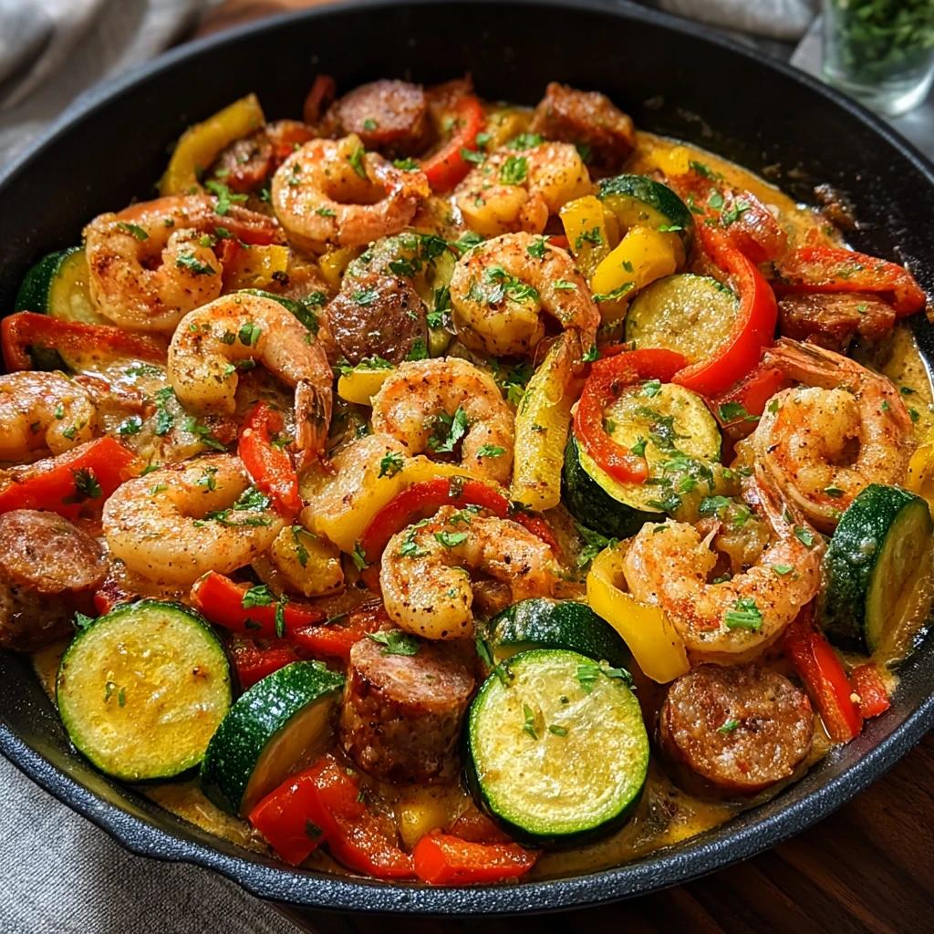 creamy keto shrimp and sausage skillet with Cajun cream sauce in a cast iron pan