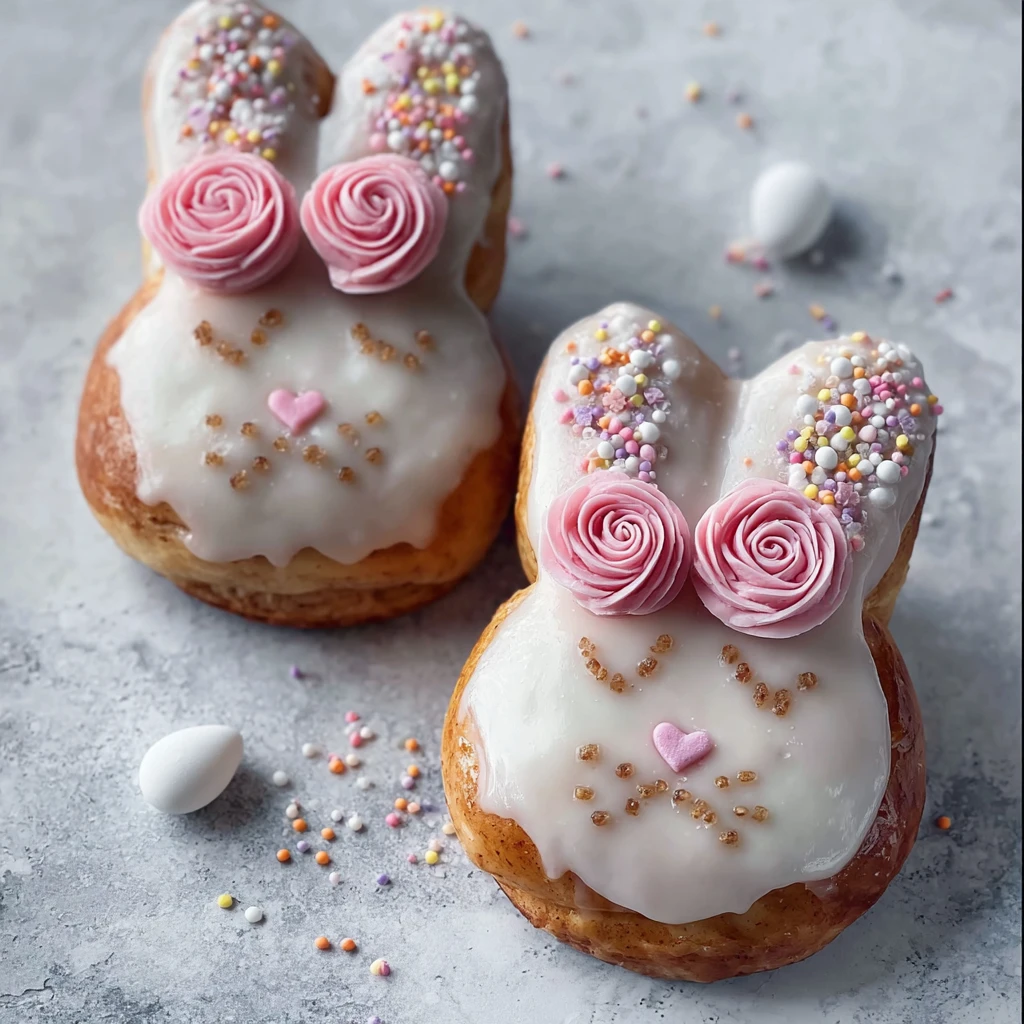 adorable Easter bunny shaped cinnamon rolls with white cream cheese frosting for Easter morning breakfast