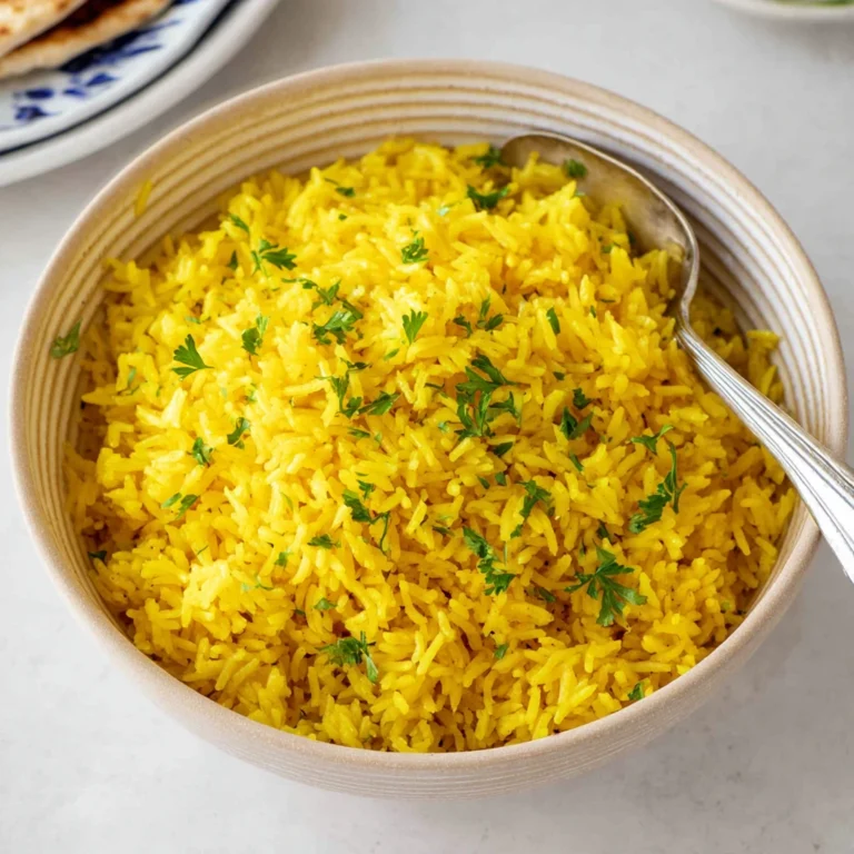 easy fluffy yellow rice in a white pot garnished with fresh parsley — Spanish arroz amarillo ready in 30 minutes