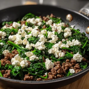 Enjoy a Quick and Easy Ground Beef & Spinach Skillet with Feta
