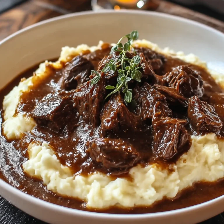 tender braised beef stew with rich gravy over creamy mashed potatoes garnished with fresh thyme in a white bowl