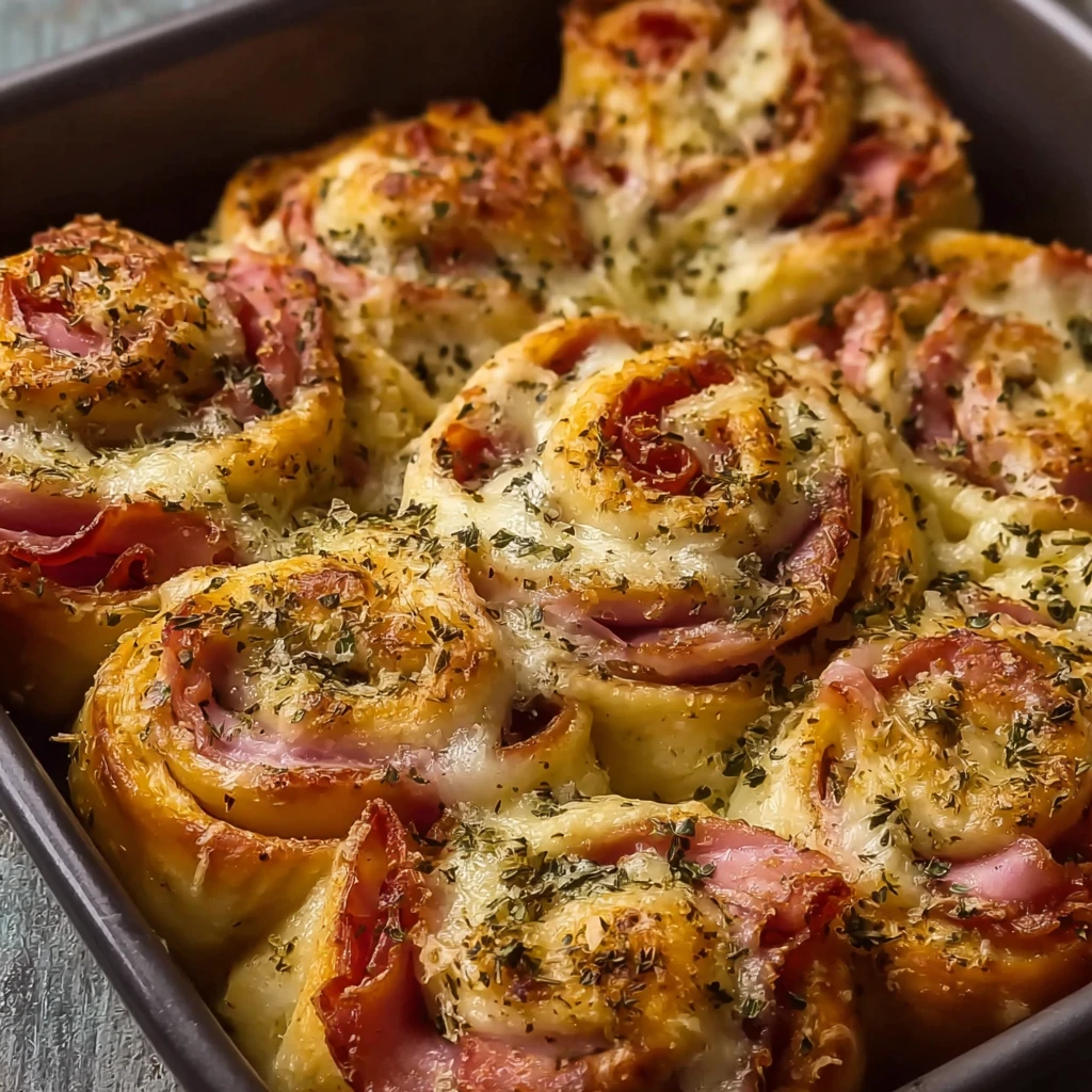 easy ham and cheese stromboli sliced to reveal layers of ham and melted cheese on a wooden cutting board