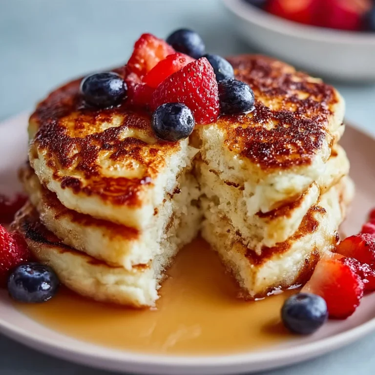 fluffy high protein cottage cheese pancakes stacked with fresh berries and syrup