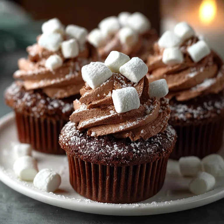 hot cocoa cupcakes with toasted marshmallow frosting and mini marshmallows on a winter table