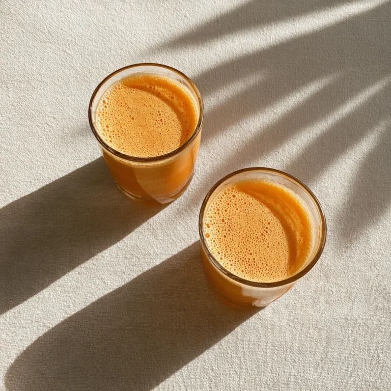 two glasses of fresh papaya milk smoothie with natural sunlight and palm leaf shadows