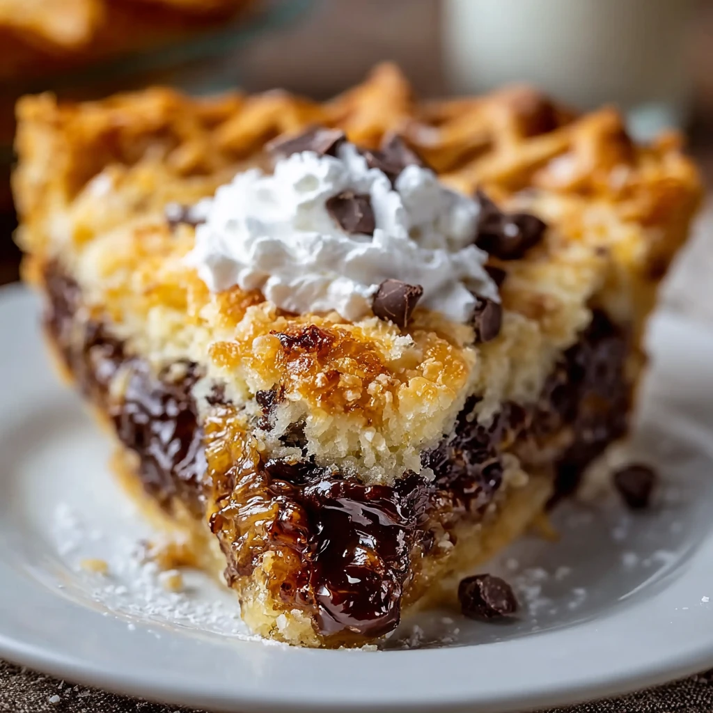 Texas trash pie slice with chocolate chips pecans coconut and caramel filling