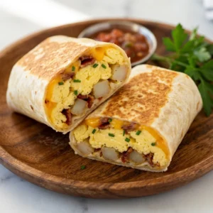 Indulge in the Crispy Bacon Egg and Cheese Burrito with Potatoes!