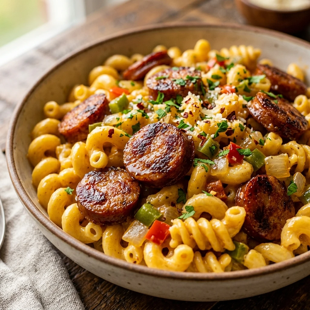 One Pot Garlic Butter Cajun Sausage Mac