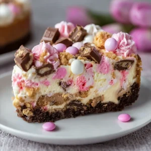Pink M&M Snickers Cheesecake