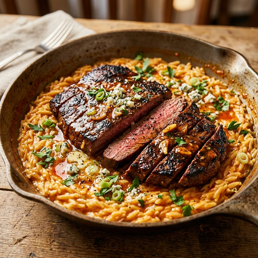 Smoky Buffalo Garlic Butter Steak and Orzo Skillet recipe image